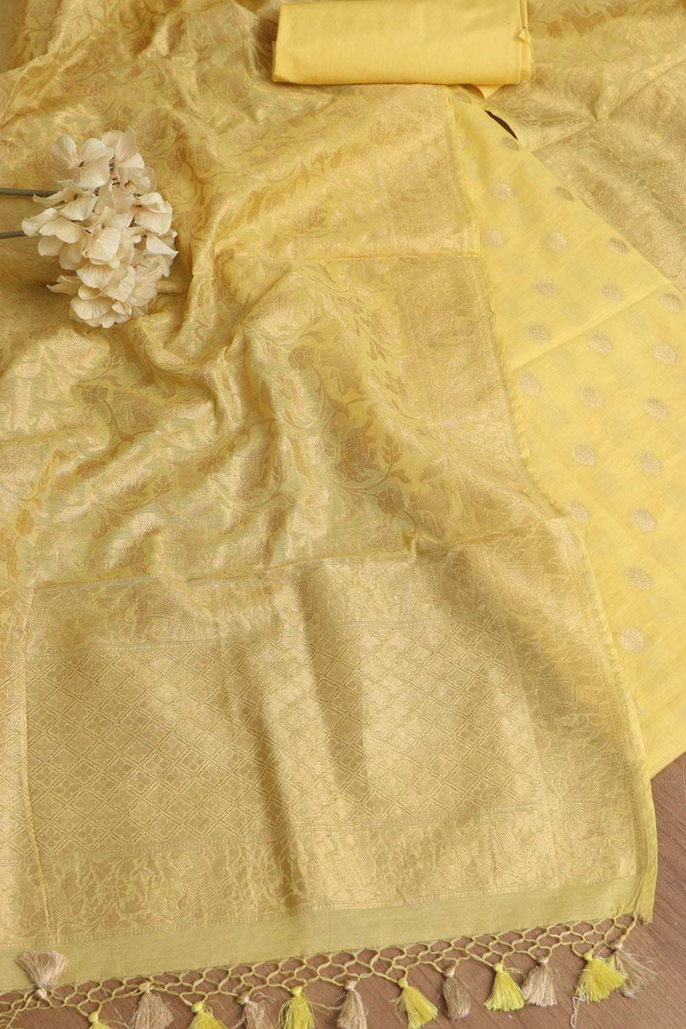 Yellow Banarasi Cotton Three Piece Unstitched Flower Design Suit Set - Luxurion World