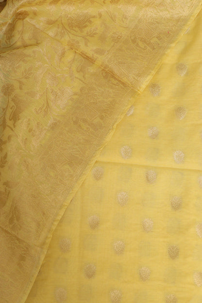 Yellow Banarasi Cotton Three Piece Unstitched Flower Design Suit Set - Luxurion World