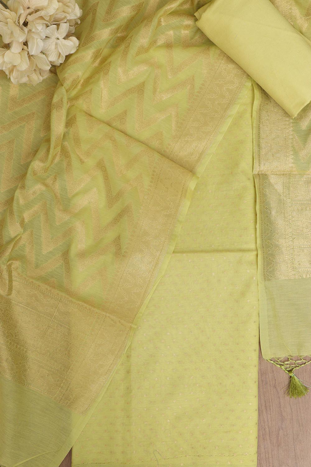 Green Banarasi Cotton Three Piece Unstitched Zig Zag Design Suit Set - Luxurion World