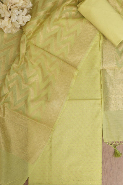 Green Banarasi Cotton Three Piece Unstitched Zig Zag Design Suit Set - Luxurion World