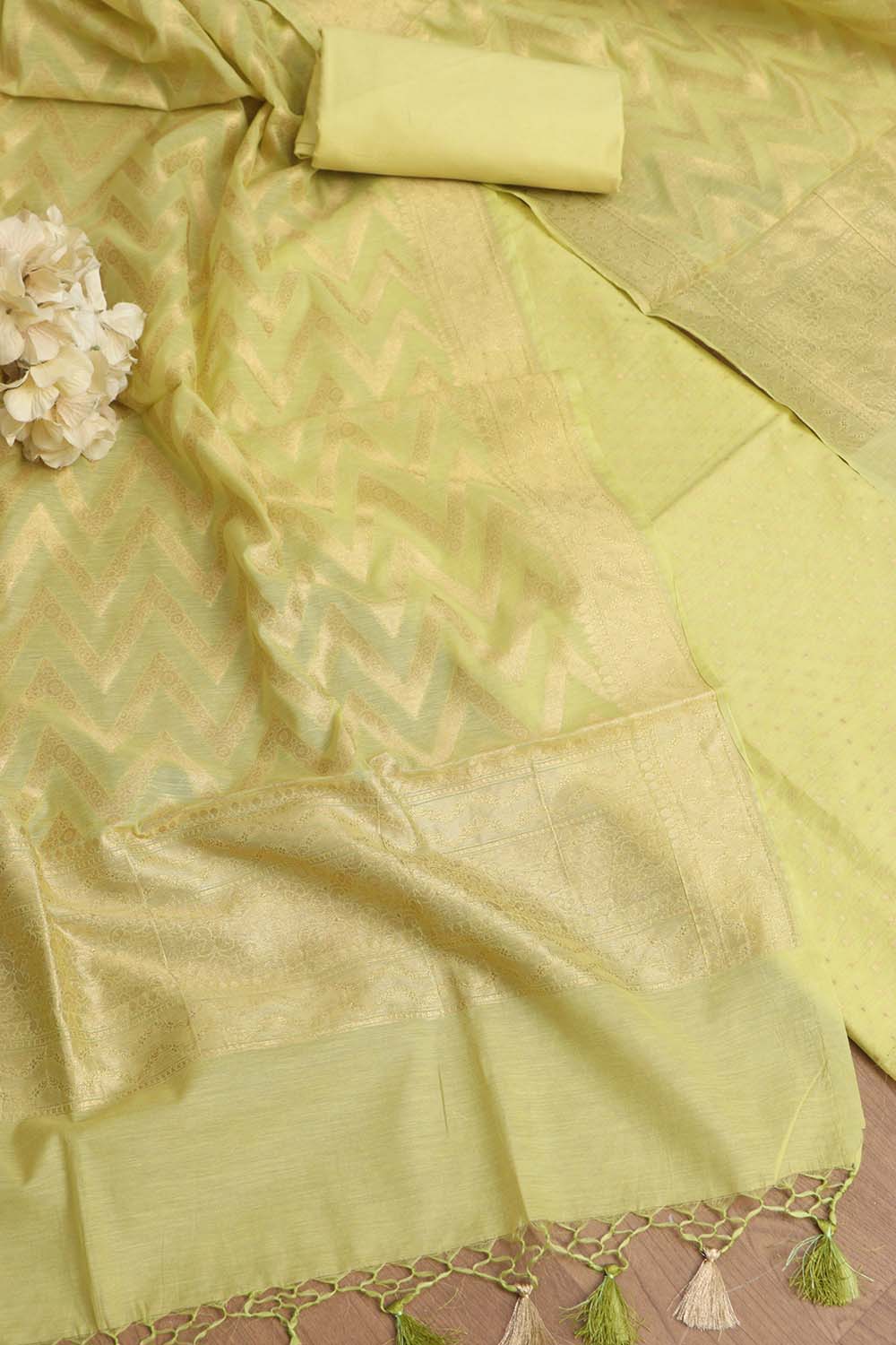 Green Banarasi Cotton Three Piece Unstitched Zig Zag Design Suit Set - Luxurion World