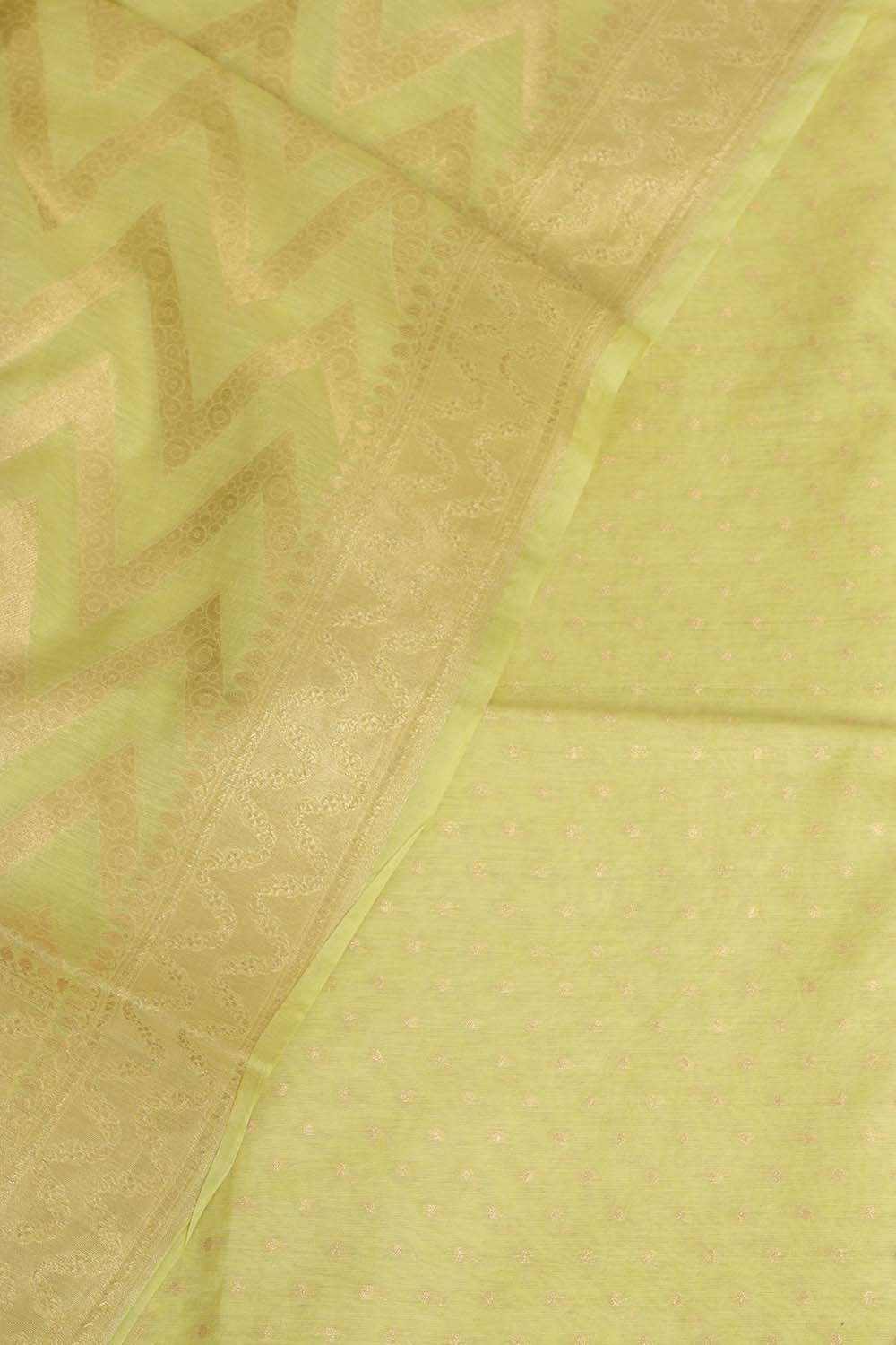 Green Banarasi Cotton Three Piece Unstitched Zig Zag Design Suit Set - Luxurion World