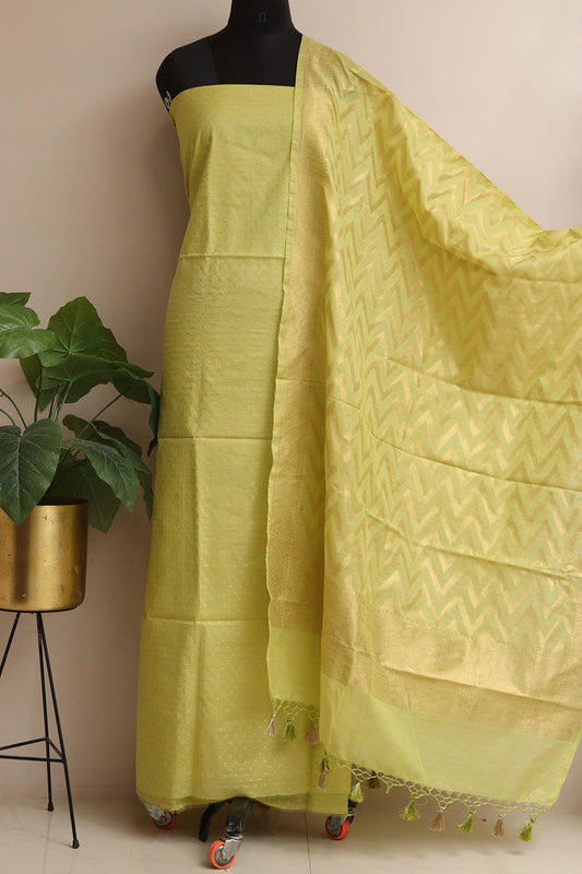 Green Banarasi Cotton Three Piece Unstitched Zig Zag Design Suit Set - Luxurion World