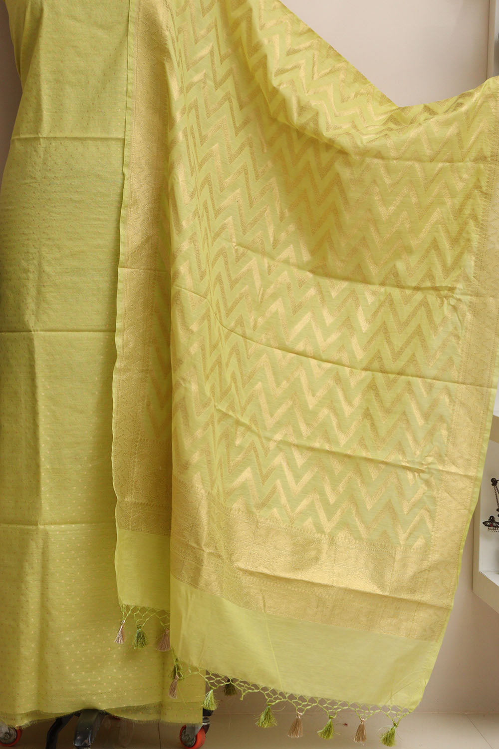 Green Banarasi Cotton Three Piece Unstitched Zig Zag Design Suit Set - Luxurion World