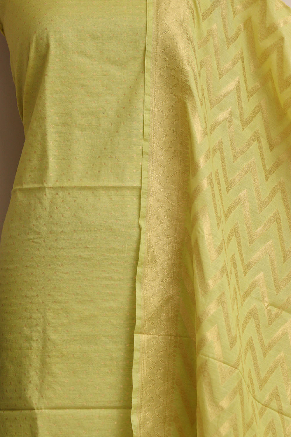Green Banarasi Cotton Three Piece Unstitched Zig Zag Design Suit Set - Luxurion World