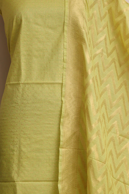 Green Banarasi Cotton Three Piece Unstitched Zig Zag Design Suit Set - Luxurion World