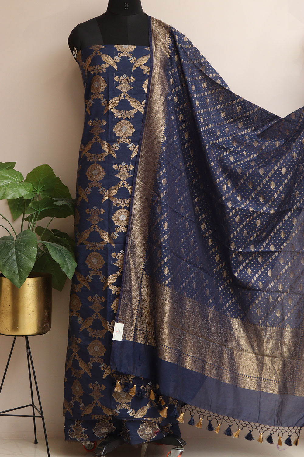 Blue Banarasi Cotton Three Piece Unstitched Sona Roopa Suit Set - Luxurion World