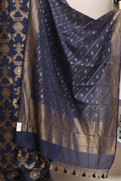 Blue Banarasi Cotton Three Piece Unstitched Sona Roopa Suit Set - Luxurion World