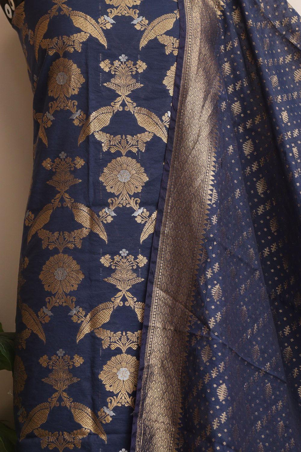 Blue Banarasi Cotton Three Piece Unstitched Sona Roopa Suit Set - Luxurion World