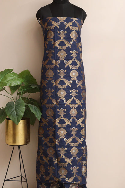 Blue Banarasi Cotton Three Piece Unstitched Sona Roopa Suit Set - Luxurion World