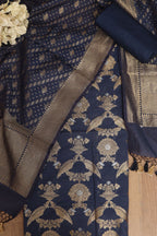 Blue Banarasi Cotton Three Piece Unstitched Sona Roopa Suit Set - Luxurion World