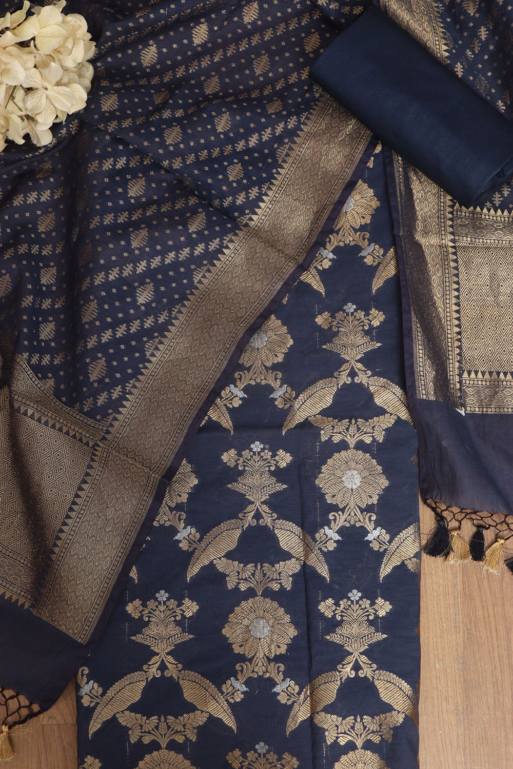 Blue Banarasi Cotton Three Piece Unstitched Sona Roopa Suit Set - Luxurion World