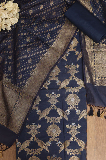 Blue Banarasi Cotton Three Piece Unstitched Sona Roopa Suit Set - Luxurion World