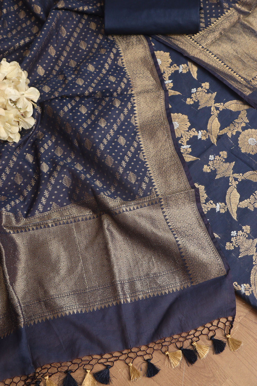 Blue Banarasi Cotton Three Piece Unstitched Sona Roopa Suit Set - Luxurion World