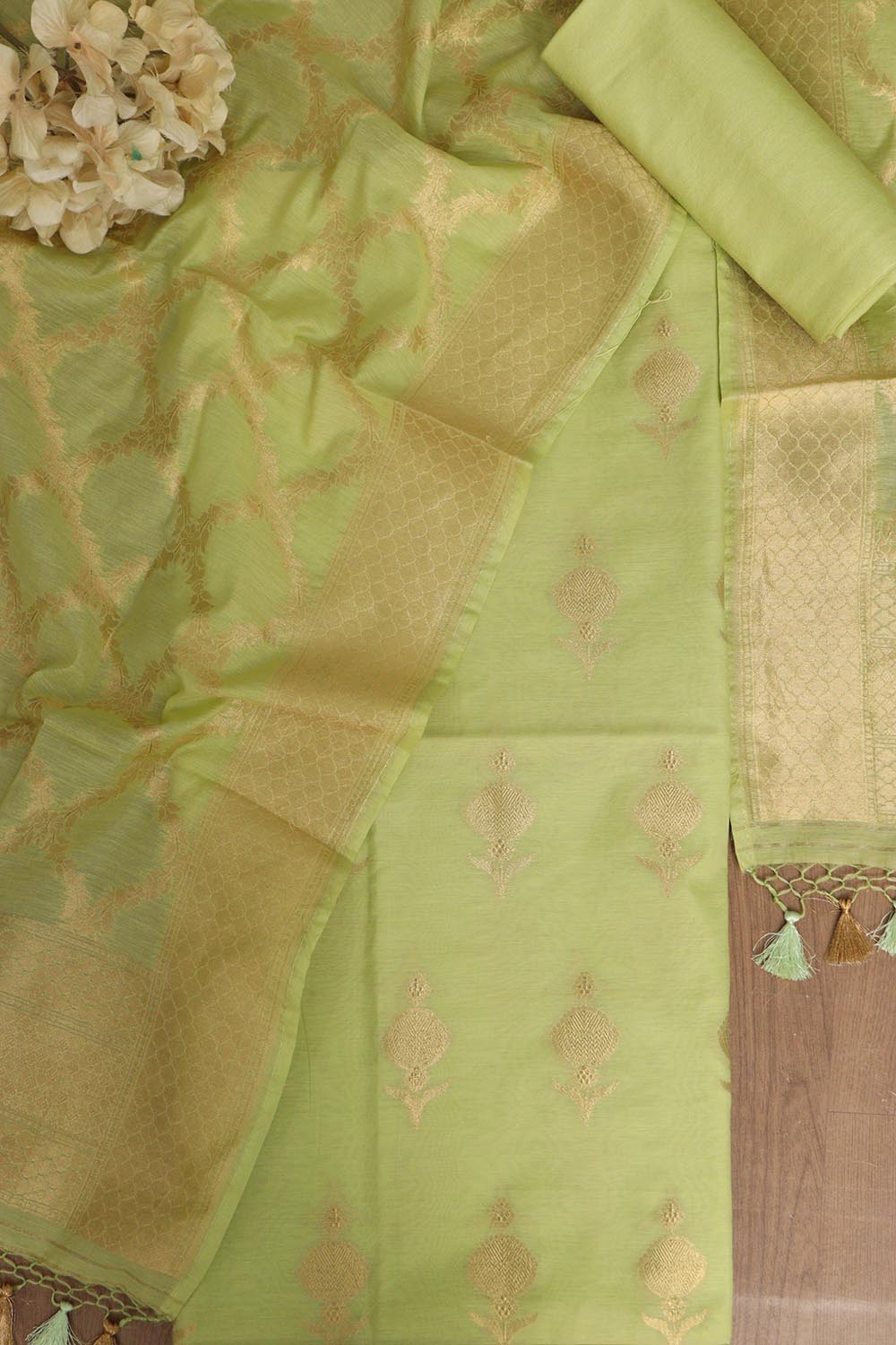 Green Banarasi Cotton Three Piece Unstitched Suit Set - Luxurion World