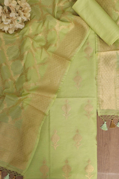 Green Banarasi Cotton Three Piece Unstitched Suit Set - Luxurion World
