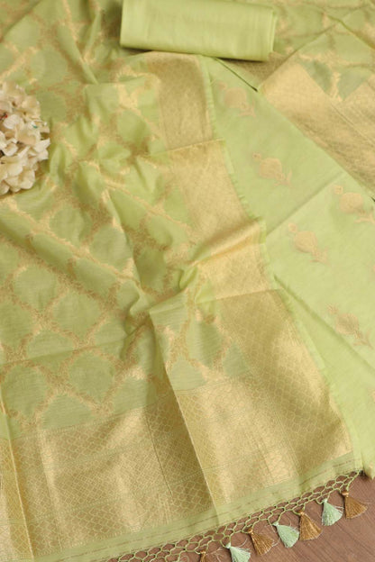 Green Banarasi Cotton Three Piece Unstitched Suit Set - Luxurion World