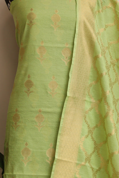 Green Banarasi Cotton Three Piece Unstitched Suit Set - Luxurion World