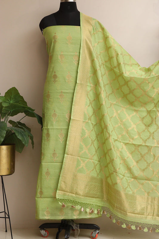 Green Banarasi Cotton Three Piece Unstitched Suit Set - Luxurion World