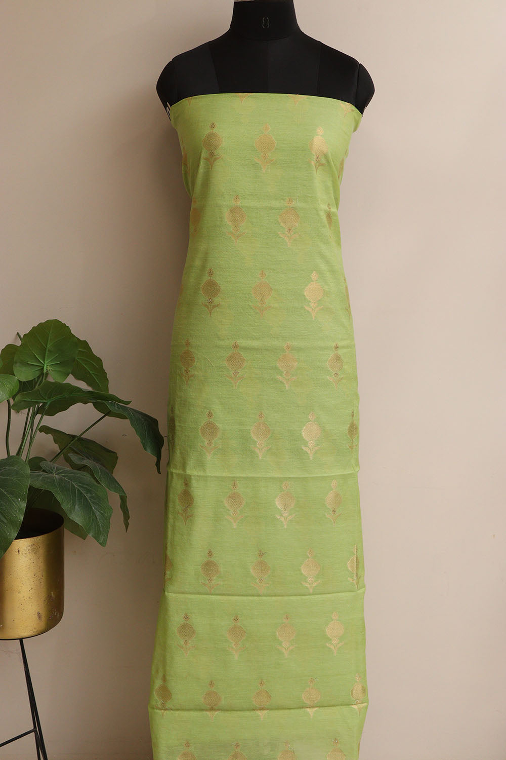 Green Banarasi Cotton Three Piece Unstitched Suit Set - Luxurion World