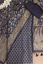 Blue Banarasi Cotton Three Piece Unstitched Suit Set - Luxurion World