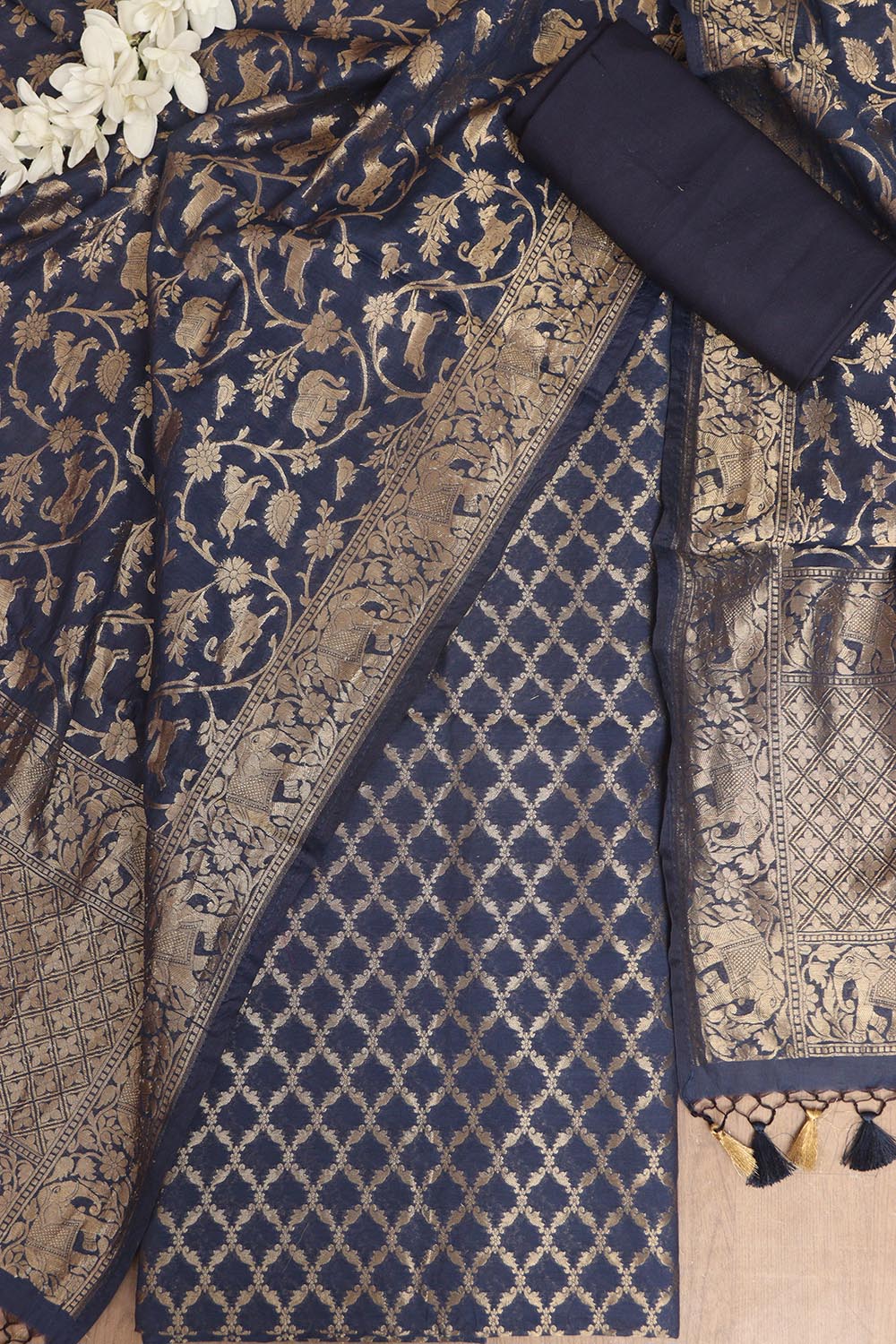 Blue Banarasi Cotton Three Piece Unstitched Suit Set - Luxurion World