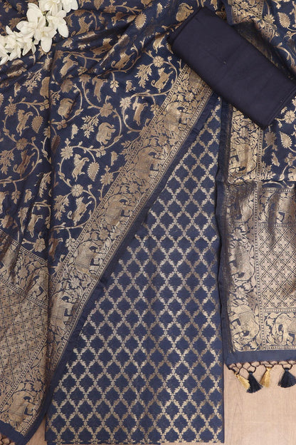 Blue Banarasi Cotton Three Piece Unstitched Suit Set - Luxurion World