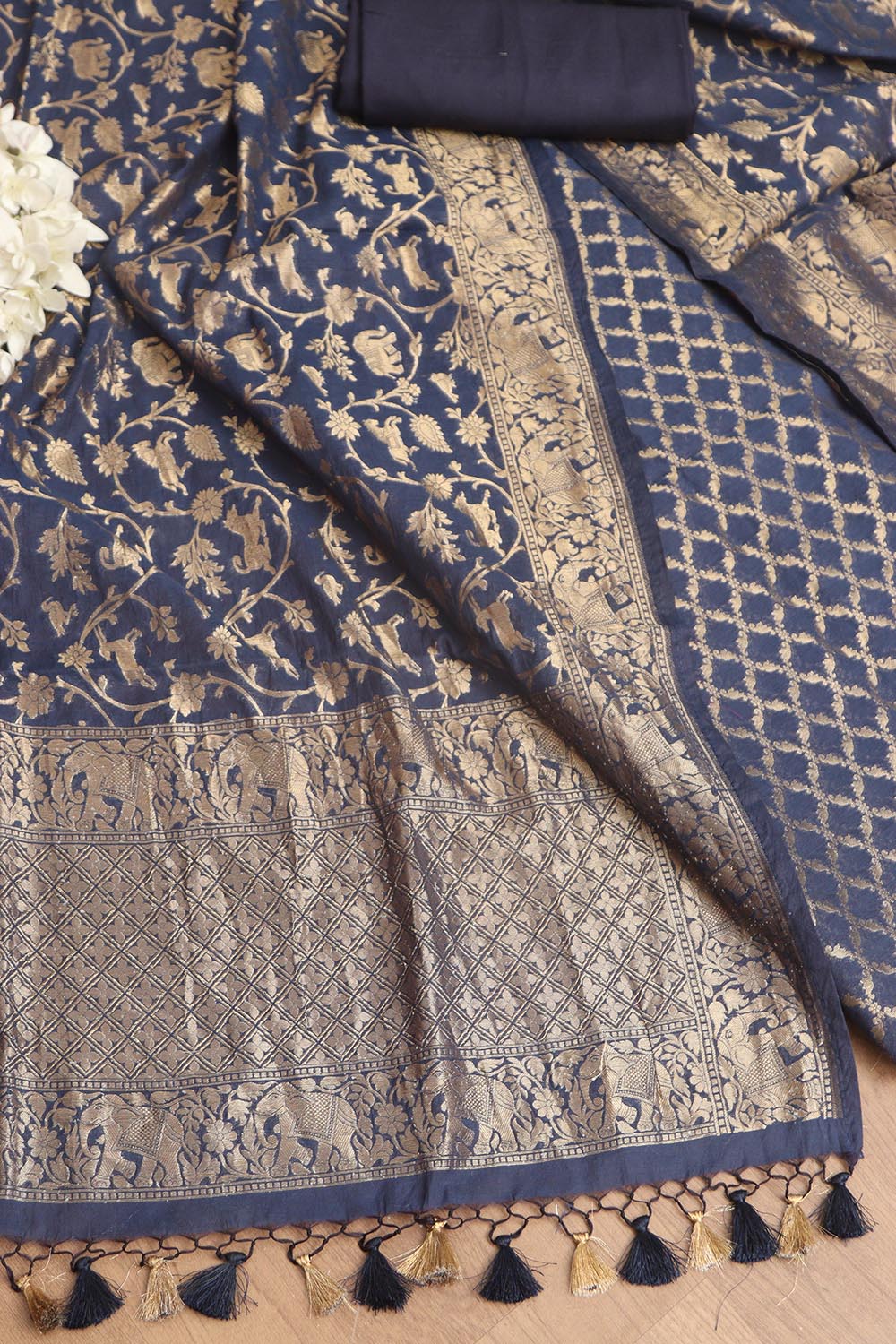 Blue Banarasi Cotton Three Piece Unstitched Suit Set - Luxurion World