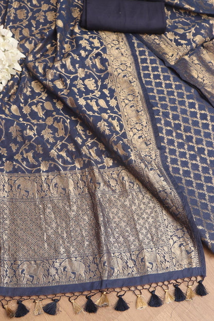 Blue Banarasi Cotton Three Piece Unstitched Suit Set - Luxurion World