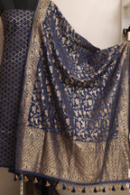 Blue Banarasi Cotton Three Piece Unstitched Suit Set - Luxurion World