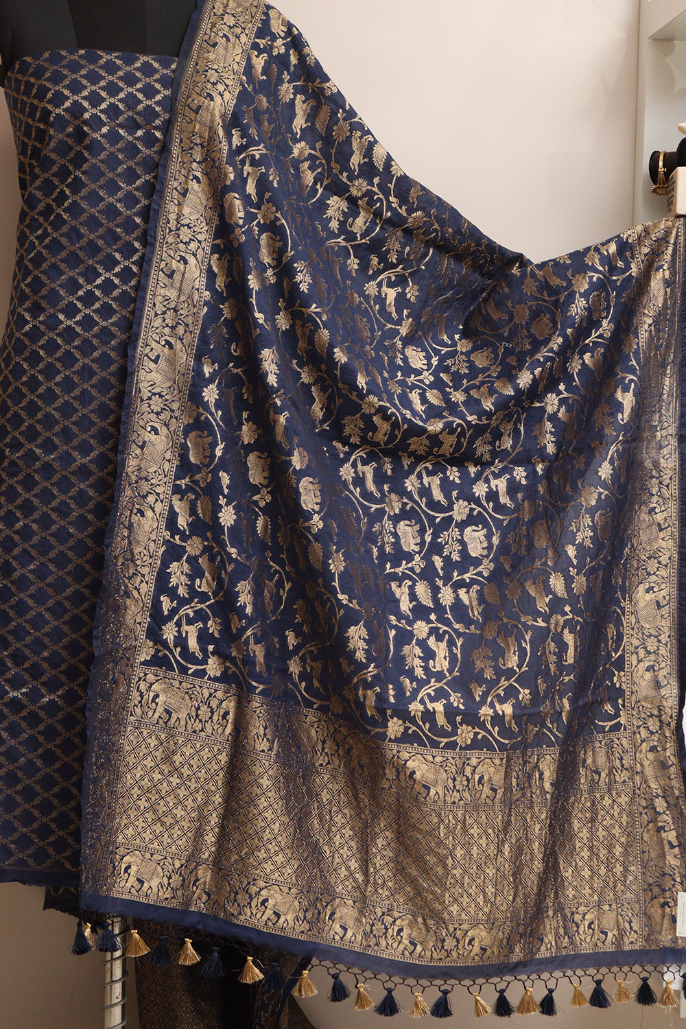 Blue Banarasi Cotton Three Piece Unstitched Suit Set - Luxurion World