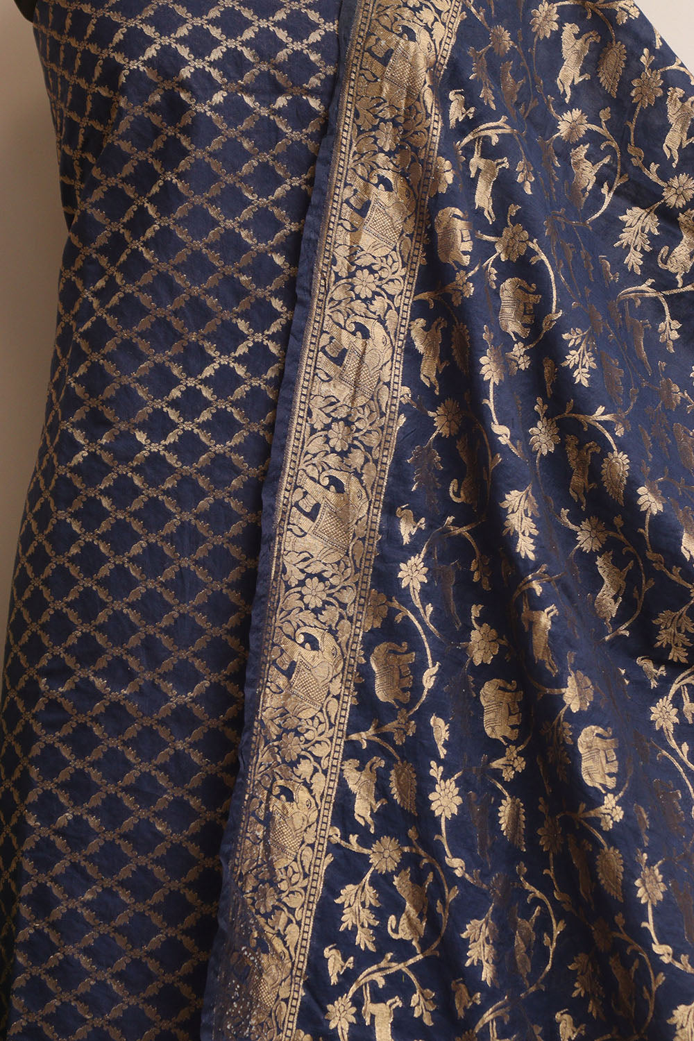 Blue Banarasi Cotton Three Piece Unstitched Suit Set - Luxurion World