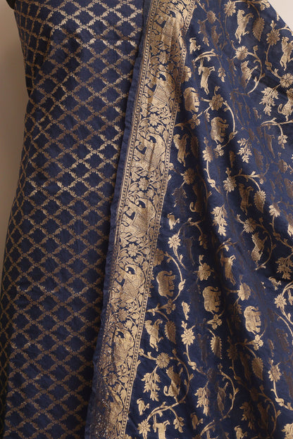 Blue Banarasi Cotton Three Piece Unstitched Suit Set - Luxurion World