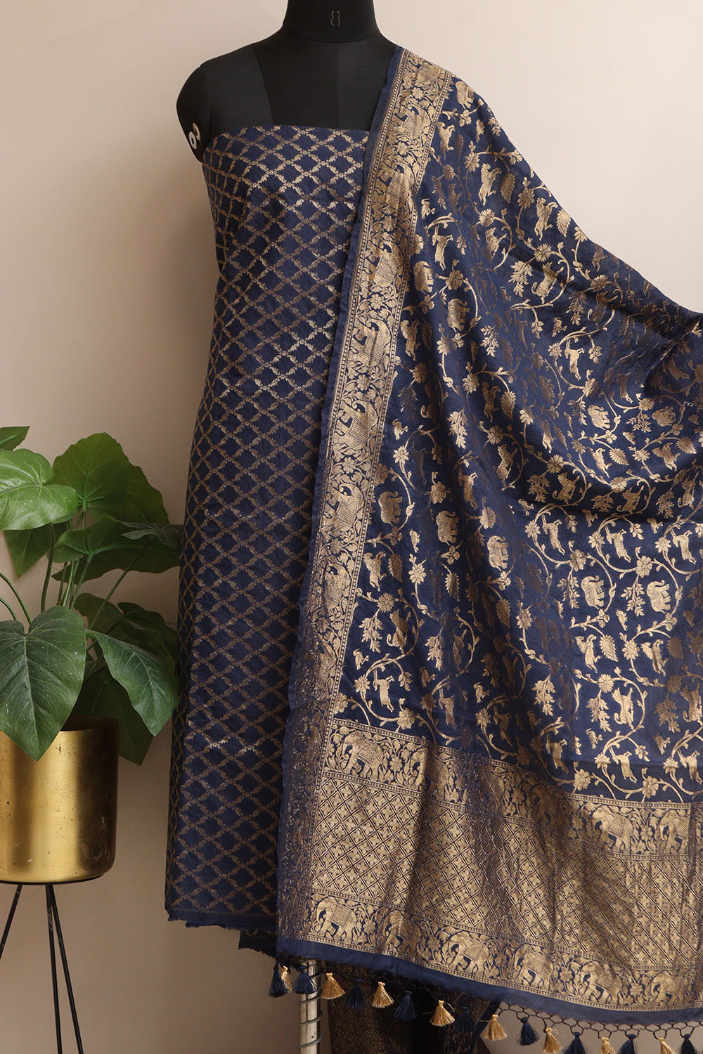 Blue Banarasi Cotton Three Piece Unstitched Suit Set - Luxurion World