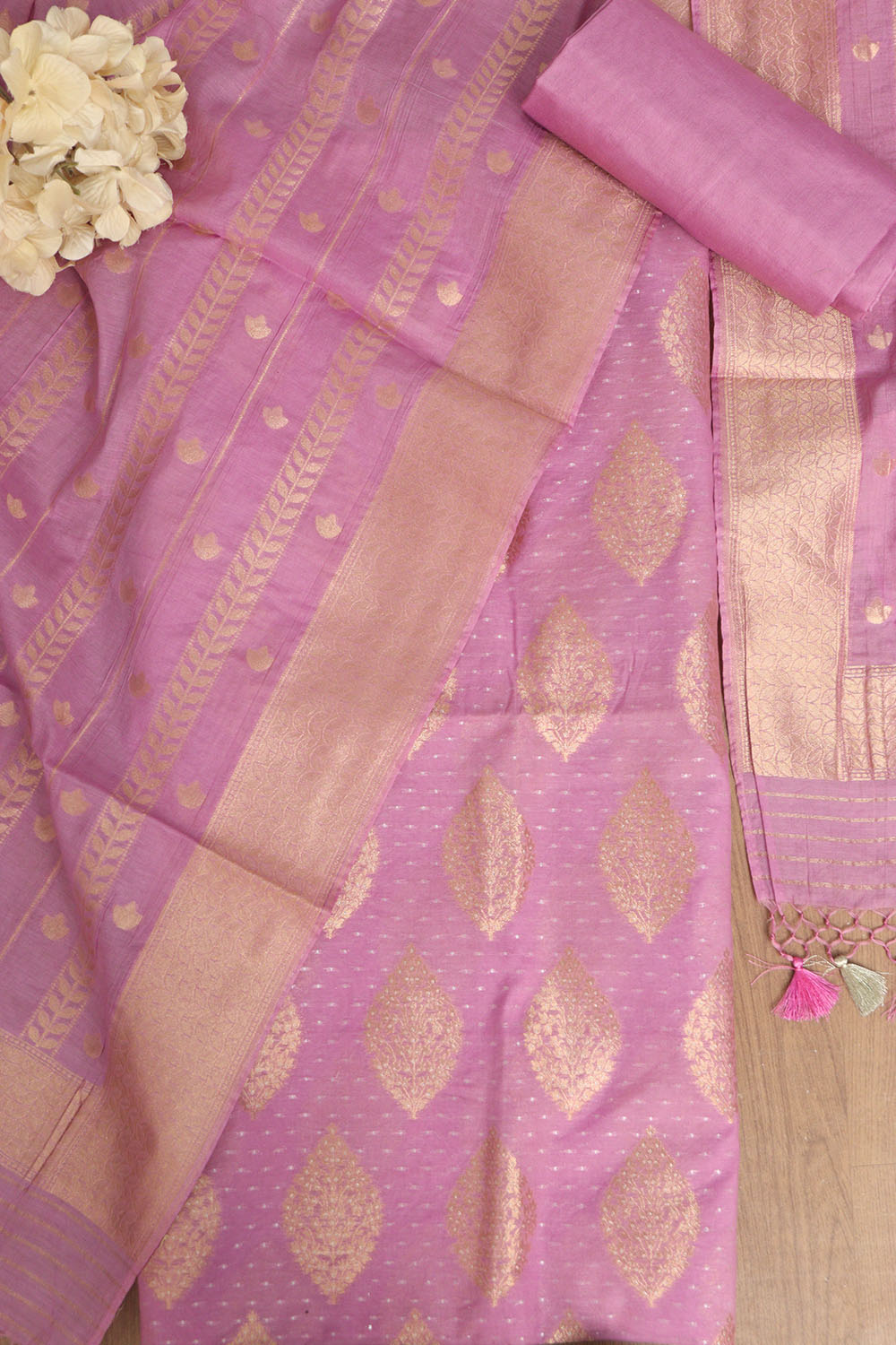 Purple Banarasi Cotton Three Piece Unstitched Suit Set - Luxurion World