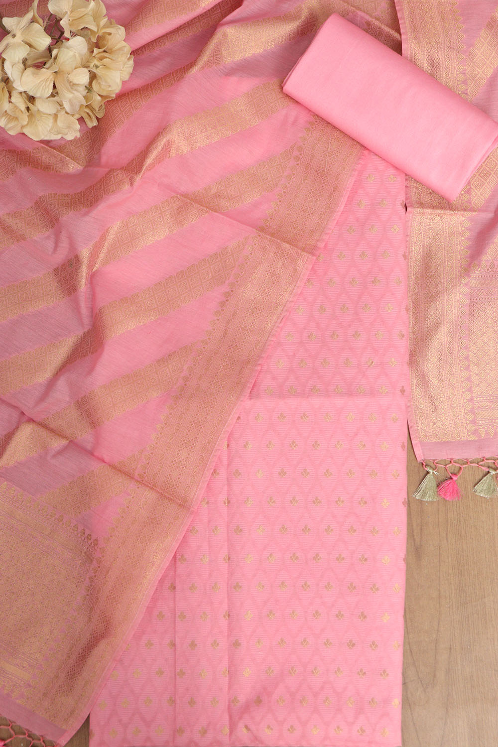 Pink Banarasi Cotton Three Piece Stripe Design Unstitched Suit Set - Luxurion World