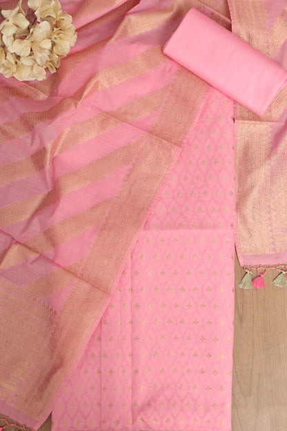 Pink Banarasi Cotton Three Piece Stripe Design Unstitched Suit Set - Luxurion World