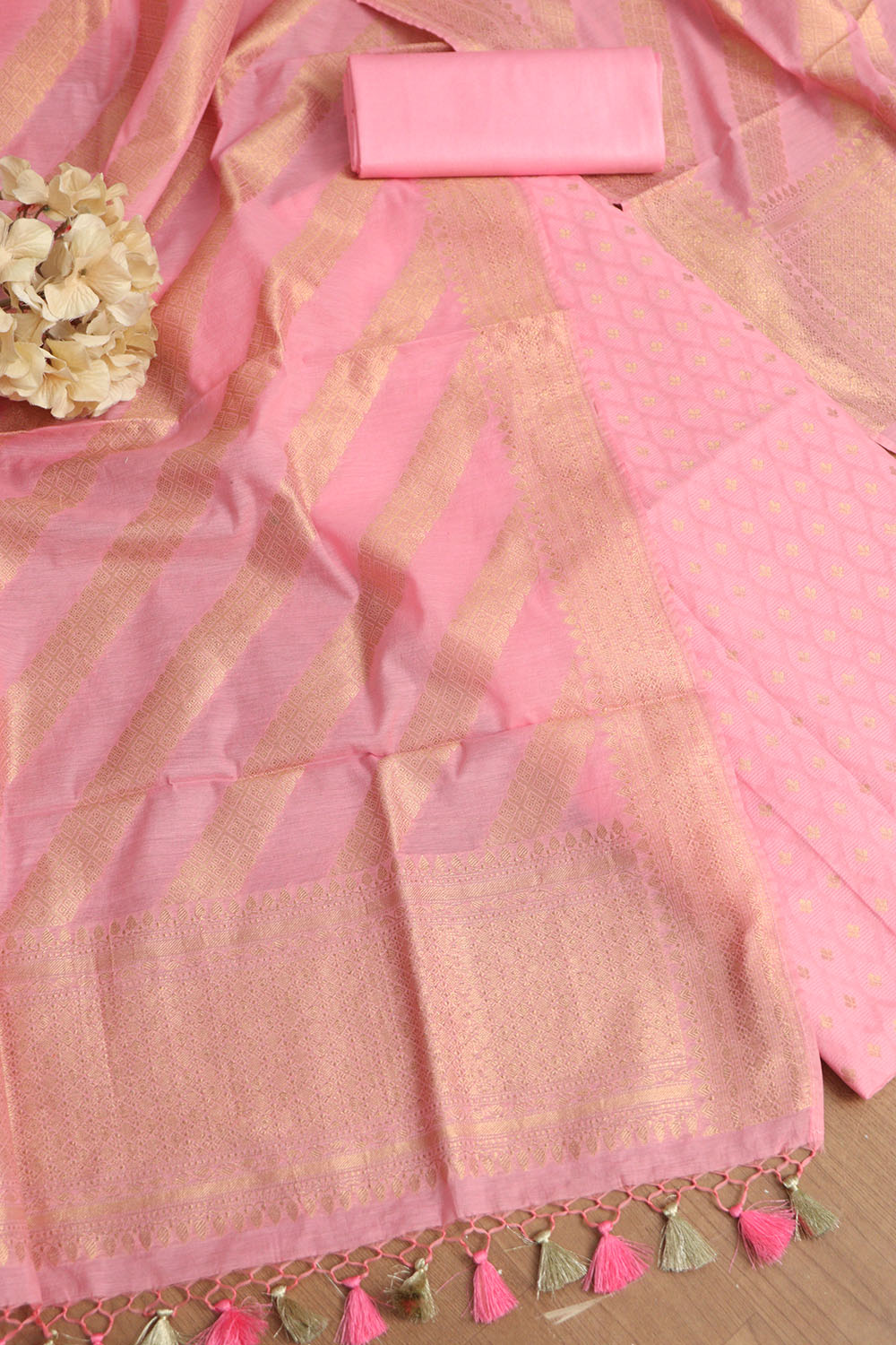 Pink Banarasi Cotton Three Piece Stripe Design Unstitched Suit Set - Luxurion World