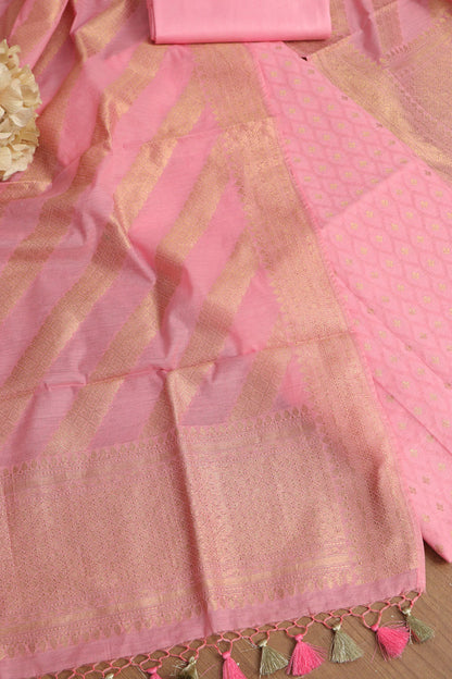 Pink Banarasi Cotton Three Piece Stripe Design Unstitched Suit Set - Luxurion World