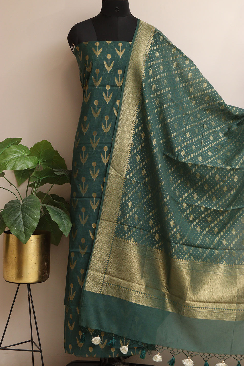 Dark Green Banarasi Cotton Three Piece Unstitched Suit Set - Luxurion World