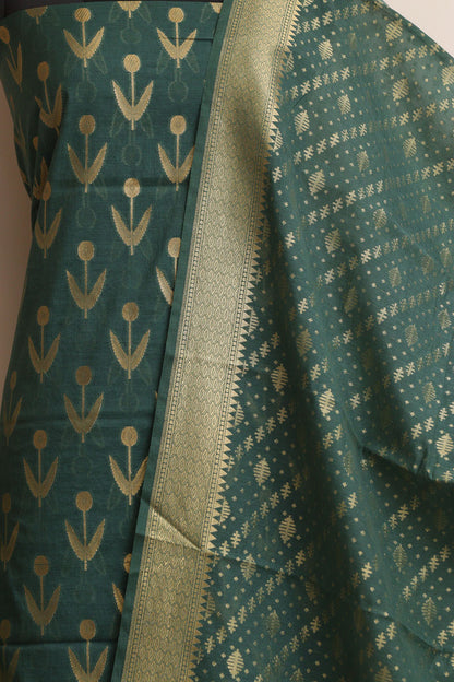 Dark Green Banarasi Cotton Three Piece Unstitched Suit Set - Luxurion World