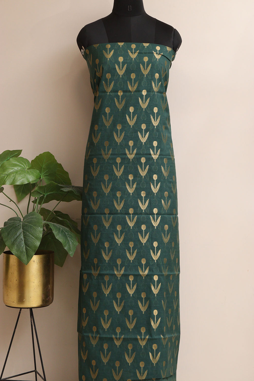 Dark Green Banarasi Cotton Three Piece Unstitched Suit Set - Luxurion World