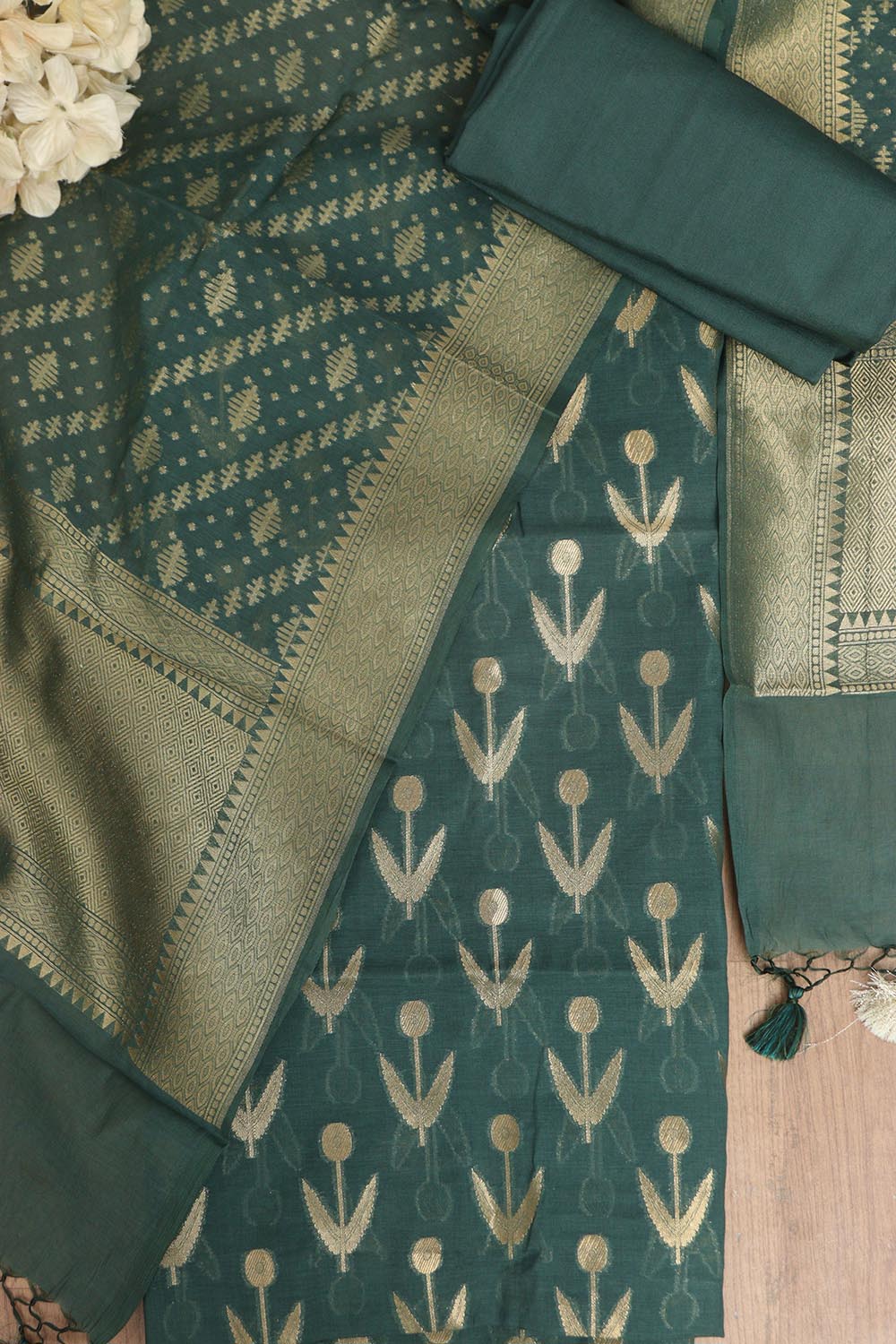 Dark Green Banarasi Cotton Three Piece Unstitched Suit Set - Luxurion World