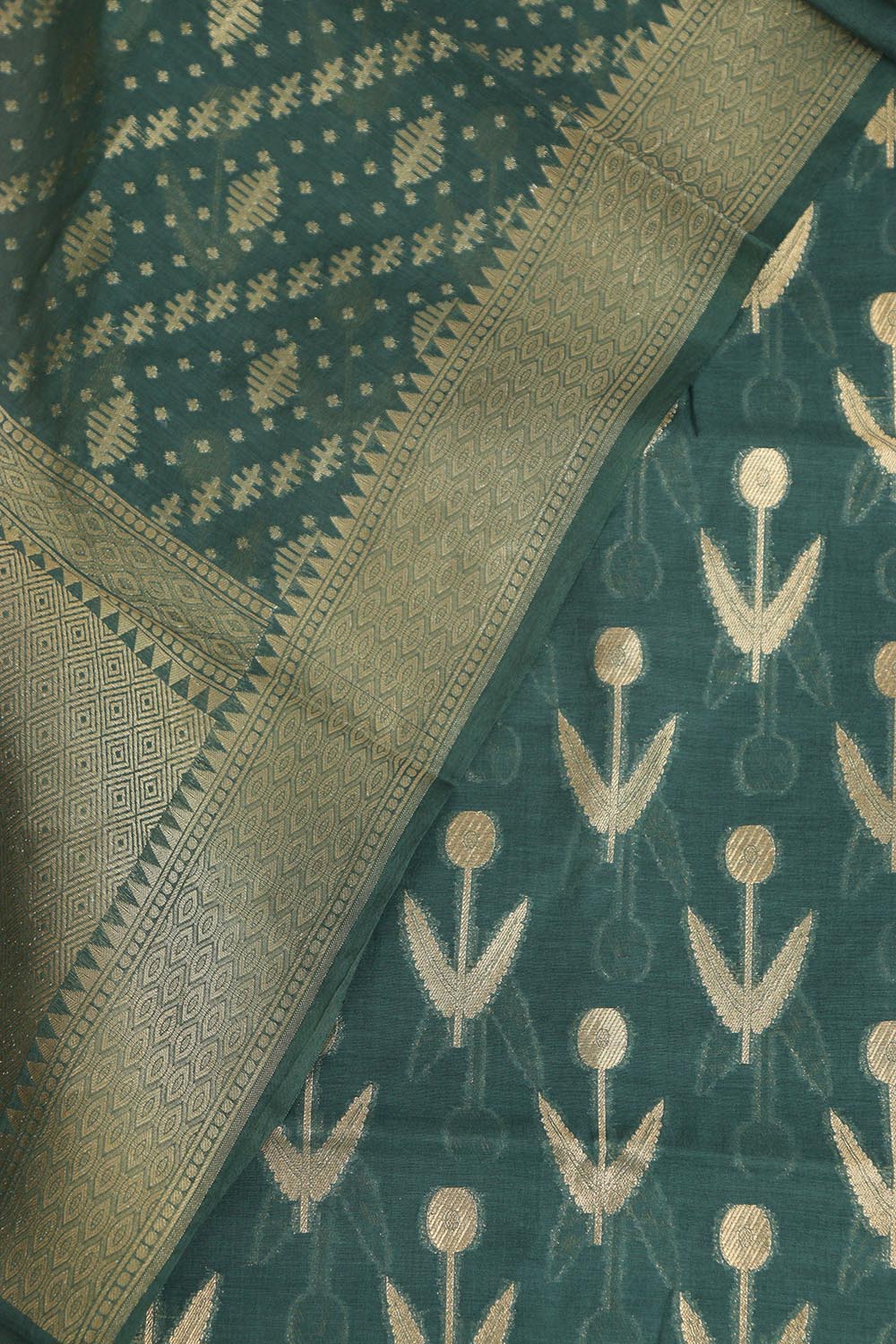 Dark Green Banarasi Cotton Three Piece Unstitched Suit Set - Luxurion World