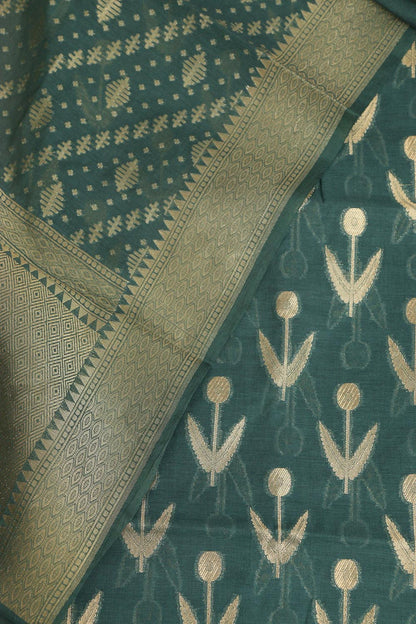 Dark Green Banarasi Cotton Three Piece Unstitched Suit Set - Luxurion World