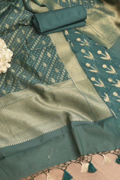 Dark Green Banarasi Cotton Three Piece Unstitched Suit Set - Luxurion World