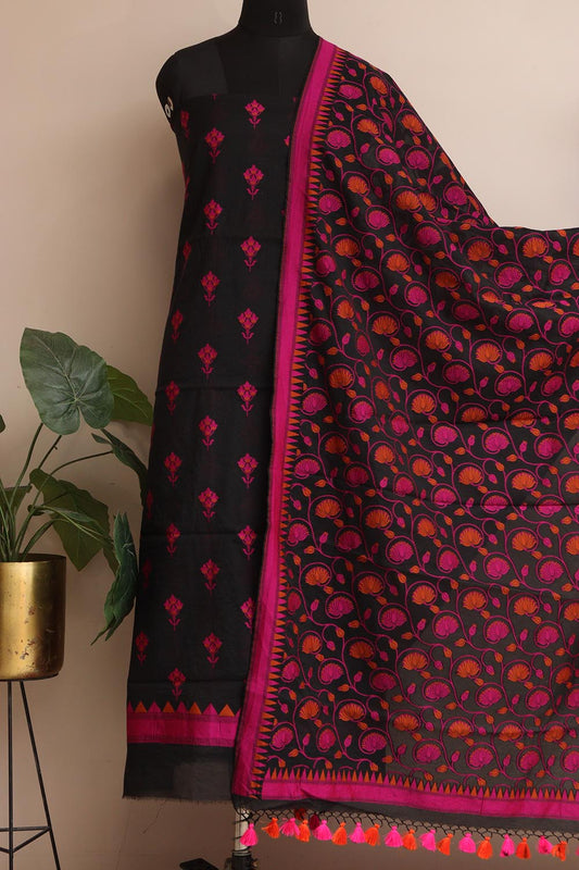 Black And Pink Banarasi Cotton Three Piece Flower Design Unstitched Suit Set - Luxurion World