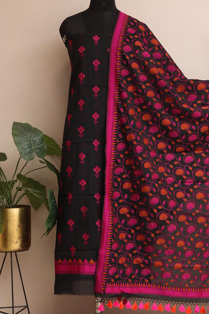 Black And Pink Banarasi Cotton Three Piece Flower Design Unstitched Suit Set - Luxurion World