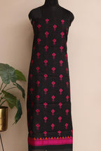 Black And Pink Banarasi Cotton Three Piece Flower Design Unstitched Suit Set - Luxurion World