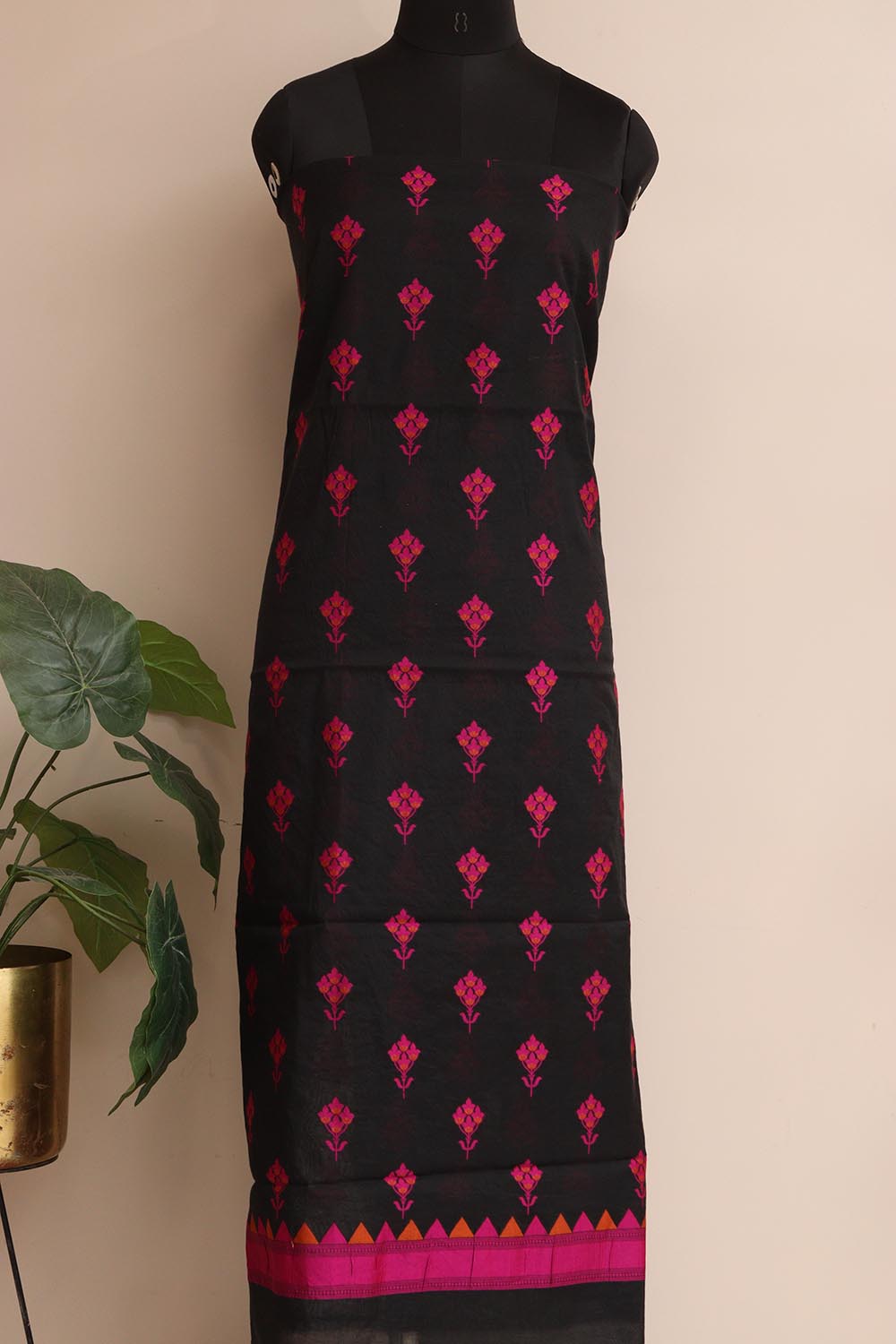 Black And Pink Banarasi Cotton Three Piece Flower Design Unstitched Suit Set - Luxurion World